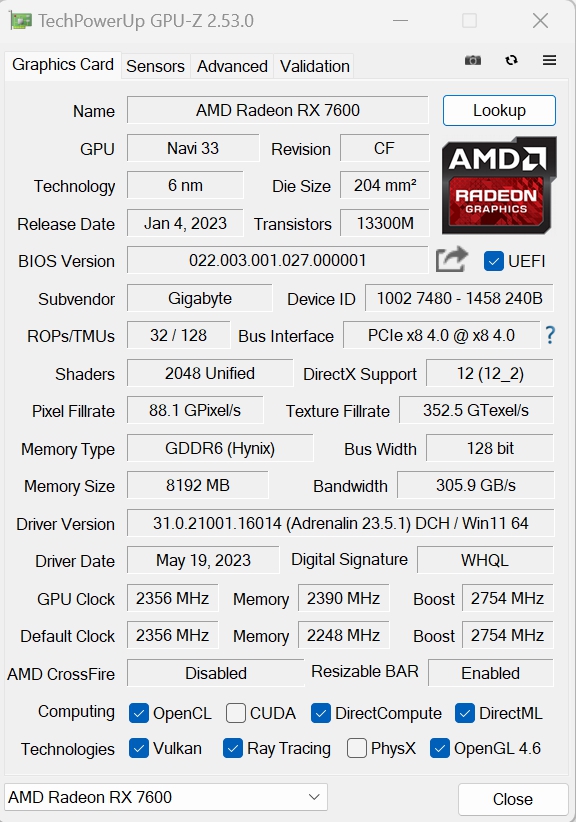 Review Gigabyte Radeon RX 7600 Gaming OC 8G 288