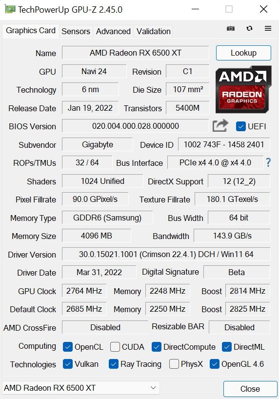 Review Gigabyte Radeon RX 6500 XT Gaming OC 4G 24