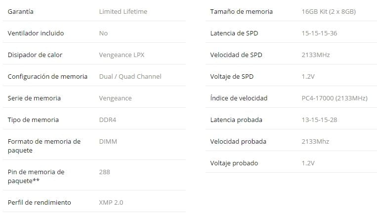 Review Corsair Vengeance® LPX 16GB (2x8GB) DRAM DDR4 a 2133 MHz C13 5 Corsair Vengeance LPX DDR4 2133 caracteristicas tecnicas