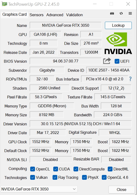 Review Gigabyte Geforce RTX 3050 Gaming OC 8G 16