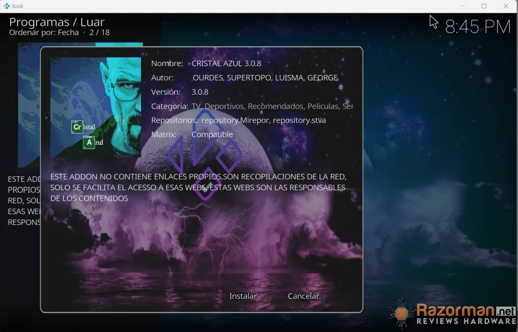 Intalación addon Cristal Azul 3.0.8 en 2024: Guia completa