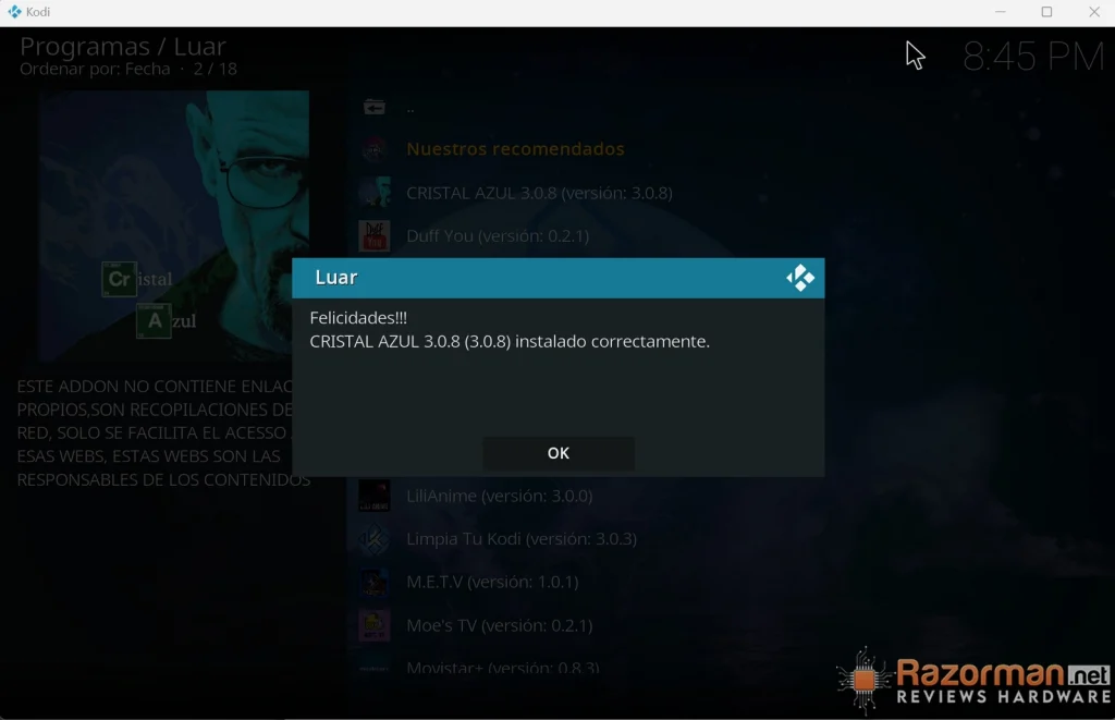Intalación addon Cristal Azul 3.0.8 en 2024: Guia completa