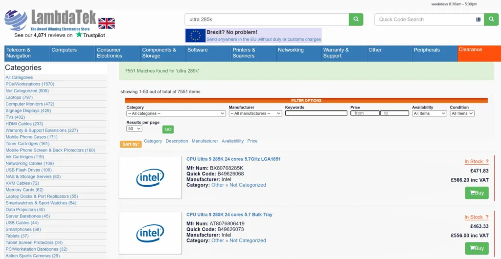 Precios Intel Core 9 Ultra 285K Precios Intel Core 9 Ultra 285K
