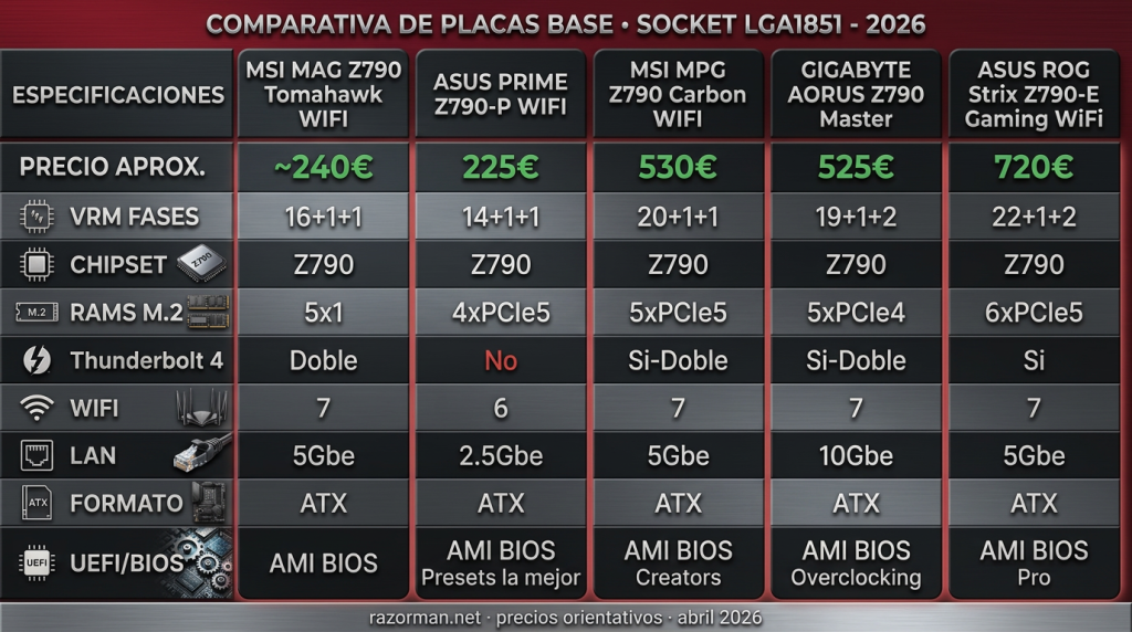 que placa base comprar en 2026 con el socket lga 1851 tabla comparativa placas base lga 1851 en 2026