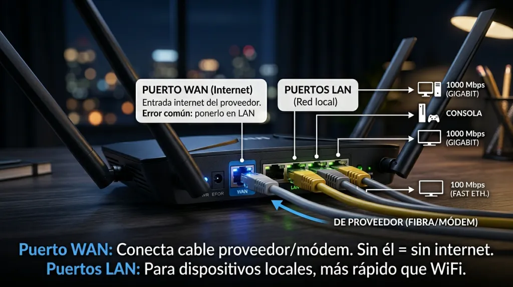 Puerto WAN y puertos LAN router wifi Puerto WAN y puertos LAN router wifi