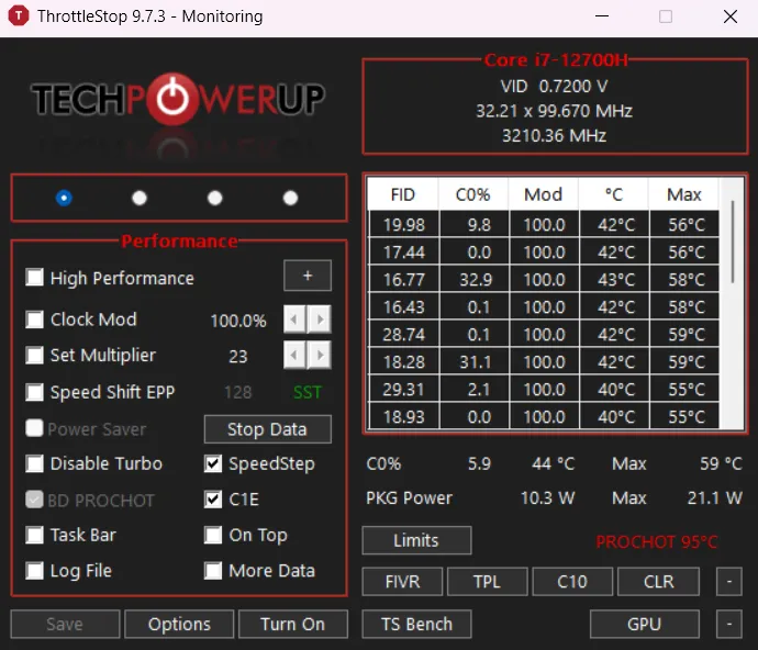 Interfaz de ThrottleSopt 9.7.3 ThrottleStop 9.7.3 descarga e instalacion