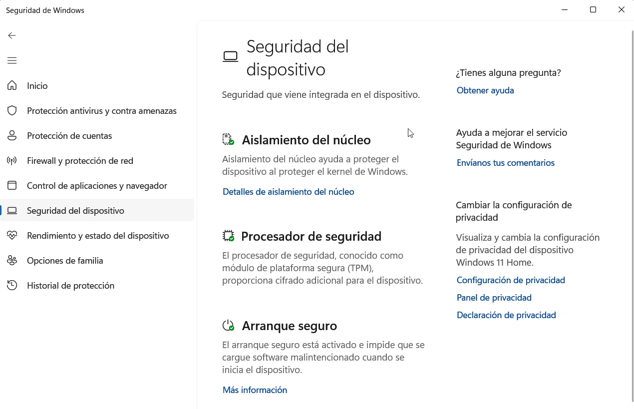 Aislamiento del nucleo de Windows 11