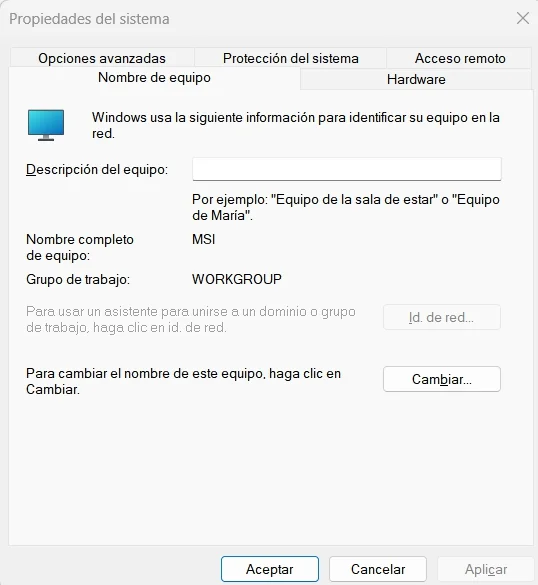 sysdm.cpl en Windows 11: qué es y cómo usarlo 1 esta es la pantalla principal de la opcion sysdm.cpl