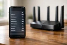 No aparece la red WiFi de 6 GHz, causas y solución 5 Móvil mostrando la lista de redes WiFi disponibles junto a un router de varias antenas