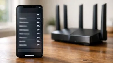 Móvil mostrando la lista de redes WiFi disponibles junto a un router de varias antenas