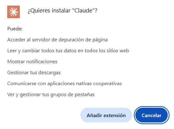 Diálogo de permisos al instalar Claude en Chrome Diálogo de permisos al instalar Claude en Chrome